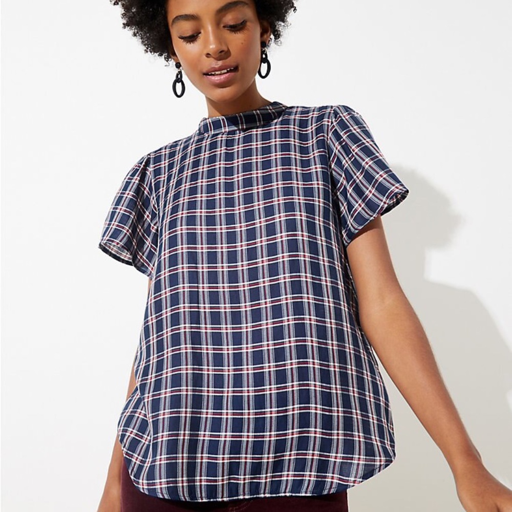 LOFT Plaid Mock Neck Flutter Top